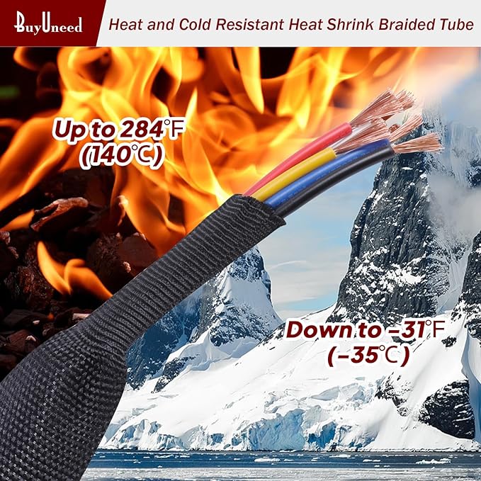 2 in 1 Heat Shrink Braided Sleeving 1-3/8 inch Cloth Wiring Harness Loom Abrasion Resistant Sleeve for Protection Cable/Sheath (34mm ID-29ft)