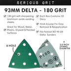 3.5" (93mm) 6-Hole 180 Grit Triangle Sanding Sheets - Fits Festool Rotex RO 90 Delta - Heavy-Duty Hook & Loop Film Disc Abrasives - Sandpaper for Detail Sanders - 50 Pack Box