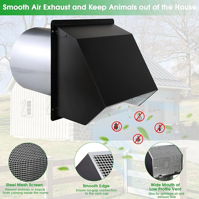 3 Inch Dryer Vent Cover Wall Vent Hood with Screen and Damper,Outdoor Dryer Vent Covers Outside Exhaust Vent Cover for Duct Air Ventilation,Wall Mount Extractor Vent Cap,Galvanized Steel,Black