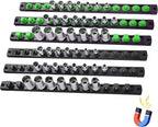 6-Piece Magnetic Socket Organizer, Heavy Duty Aluminum Socket Rails Organizer, 360° Swivel Clips Socket Holder Kit for Tool Box, 1/2, 3/8, 1/4-Inch Socket Holder x 80 Clips (Black&Green)