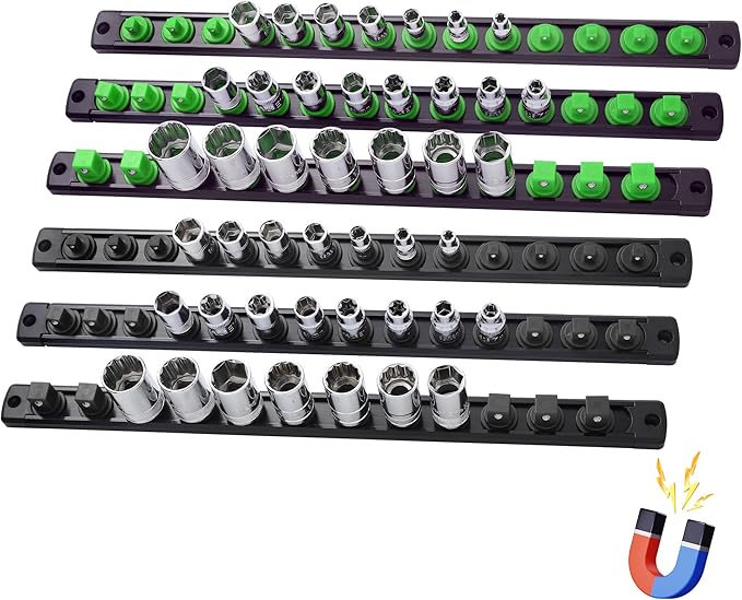 6-Piece Magnetic Socket Organizer, Heavy Duty Aluminum Socket Rails Organizer, 360° Swivel Clips Socket Holder Kit for Tool Box, 1/2, 3/8, 1/4-Inch Socket Holder x 80 Clips (Black&Green)