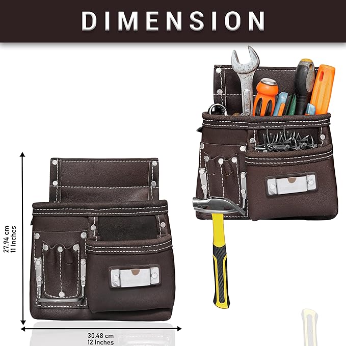 FUERI Leather Tool Belt Bag Men Pouch Heavy Duty Tools Pouches Organizer for Carpenter Construction Electrician Belts Bags Holder (11 Pocket Chocolate, Adjustable)