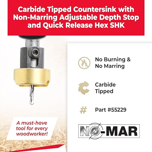 Amana Tool 82 Degree Countersink with Drill Bit Depth Stop and No-Thrust Ball Bearing, 55229, 3/8 D x 5/32 Drill D x 1/4 Inch Quick Release Hex Shank