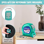 WORKPRO Mini Tape Measure, 2 Pcs 6FT Retractable Easy Reading Keychain Tape Measurement, Inch/Metric Scale Pocket Size Small Tape Measure for Engineer, Portable, ABS Protective Casing, Green