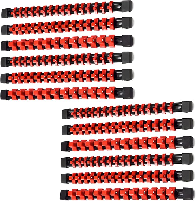 ALOANES 12 PC ABS Socket Organizer,1/2 inch, 3/8 inch, and 1/4 inch Drive Socket Rail Holders, Heavy Duty Socket Racks, Black Rails with Red Clips