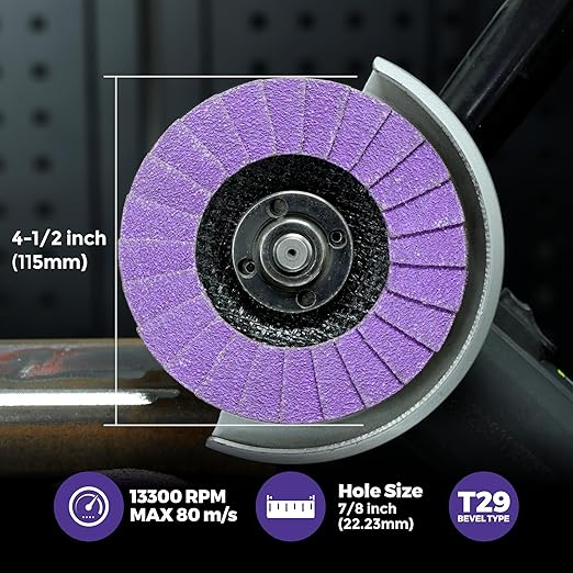 5-Pack 4.5" x 7/8" Ceramic Flap Disc, 80 Grit, Bevel Type #29, Premium Industrial Grade, High-Performance Angle Grinder Grinding Wheel for Edge Grinding - Purple