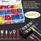 Tnisesm 300PCS Insulated Wire Crimp Connectors Assortment Kit with Ring, Spade, Butt, Quick Disconnect, Crimp Automotive Cable Terminals TN-T01