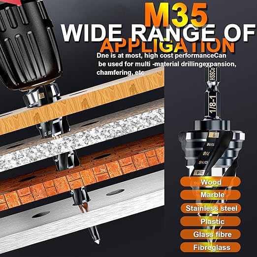 Four Spiral Flute Step Drill Bit for Metal,M35 Cobalt Unibit Step Drill Bit Set 1/4" - 1-1/8"(15 Sizes),Wear-Resistant AlTiN Coated,3/8" Hex Shank for Metal, Stainless Steel, Aluminum, Plastic