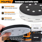 POLIWELL 120pcs 5 Inch Sanding Discs Hook & Loop 8 Holes Wet Dry 320 400 600 800 1000 2000 3000 Grit Orbital Sandpaper with 2pcs Interface Pads, Silicon Carbide Round Flocking Sandpaper