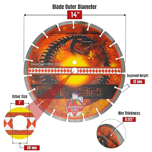 14 Inch Viper Laser Concrete Diamond Blade – Professional Grade for Concrete, Brick, Block, Stone & Pavers – Precision Dry or Wet Cutting Disc for Electric or Gas Saws (14" X 1"-20mm Arbor)