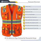 JKSafety 10 Pockets Class 2 Hi-Vis Zipper Front Safety Vest | Cushioned Collar | High Reflective Tapes with Extended Neon Yellow Strips | Meets ANSI/ISEA Standards (Large, 89-Orange)