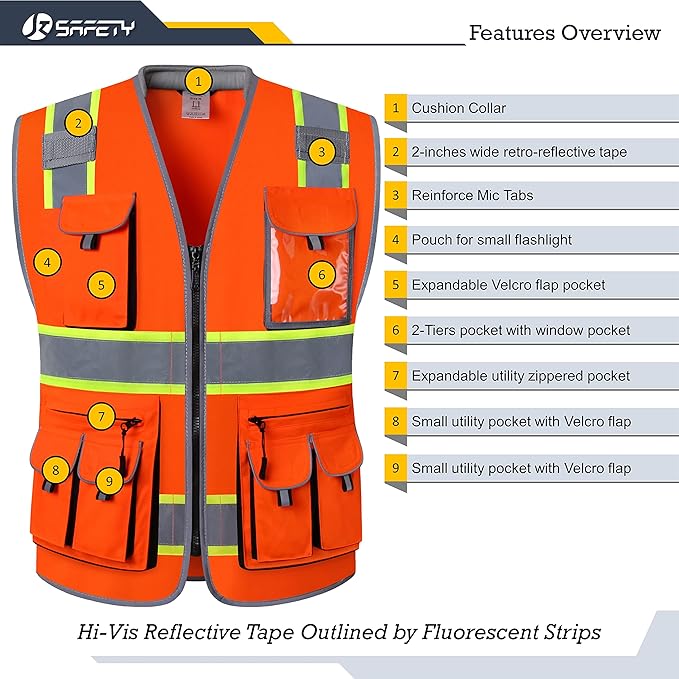 JKSafety 10 Pockets Class 2 Hi-Vis Zipper Front Safety Vest | Cushioned Collar | High Reflective Tapes with Extended Neon Yellow Strips | Meets ANSI/ISEA Standards (Medium, 89-Orange)