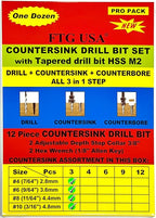 FTG USA Countersink Drill Bit Set for Wood with Tapered Drill Bit - #4 (7/64"), #6 (9/64"), #8 (11/64"), #10 (3/16")