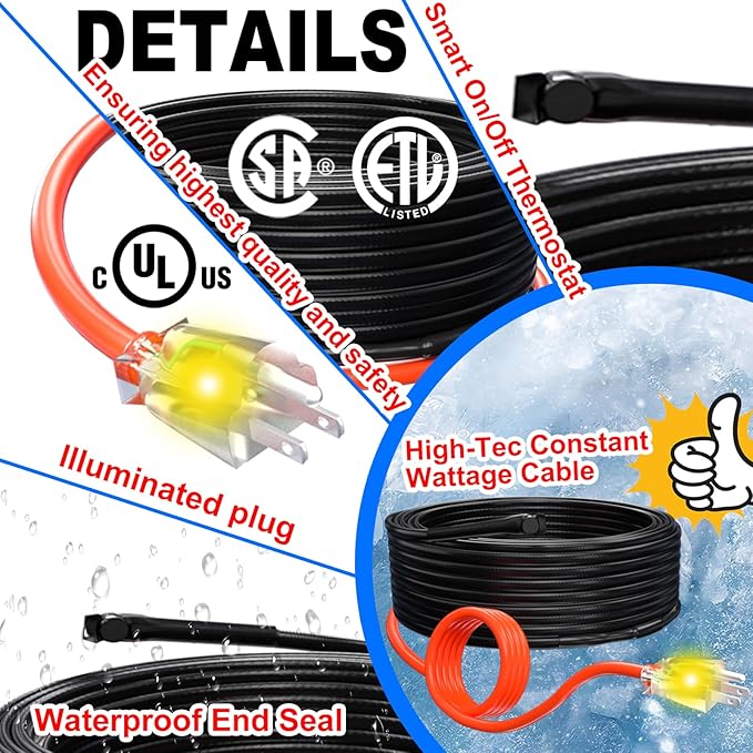 HEATIT Heat Tape for Water Pipes - Prevent Freezing, Easy Installation for Metal & Plastic Pipes, CSA & ETL Certified Pipe Heating Cable, All-Weather Protection Energy-Saving HISD 18ft, 7w/ft, 120V