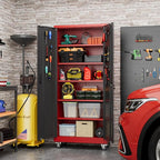 Garage Storage Cabinet with Pegboard and 5 Adjustable Shelves, 71'' x 32'' x 16''Metal Lockable Cabinet with Magnetic Doors,Tool Storage,Home Office Garage,Gym,School (Black-red)