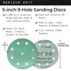 5-Inch 9-Hole 1500 Grit Sanding Discs - Heavy-Duty Hook & Loop Film Discs - Sandpaper for Random Orbital Sanders - 50 Pack Box