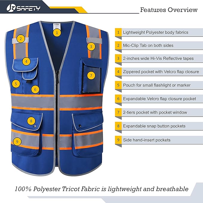 JKSafety 9 Pockets High Visibility Zipper Front Safety Vest | Blue with Dual Tone High Reflective Strips | Meets ANSI/ISEA Standards (901-Blue, X-Large)