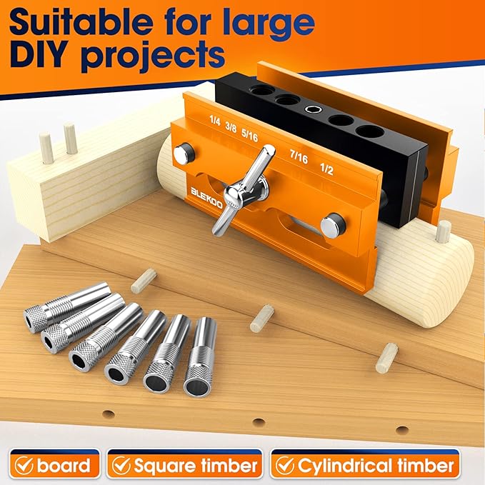 Self Centering Doweling Jig Kit, Drill Jig For Straight Holes Biscuit Joiner Set With 6 Drill Guide Bushings, Adjustable Width Drilling Guide Power Tool Accessory Jigs (Gold)
