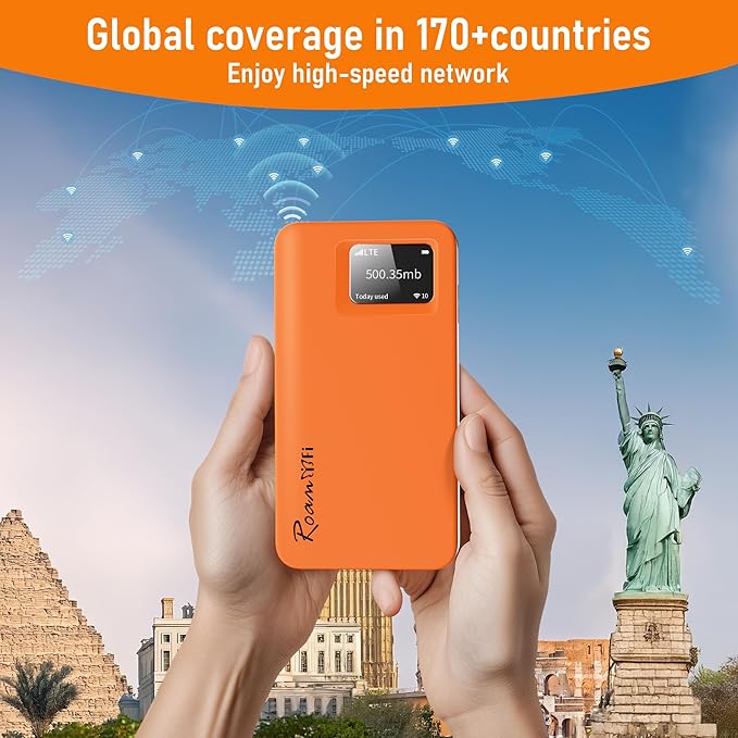 RoamWiFi 4G LTE WiFi Mobile Hotspot Router, Worldwide Portable High Speed Hotspot with US 100GB & Global 1GB Data 90Day,Connects Up to 10 Devices Pocket Hotspot for Travel in 170+ Countries
