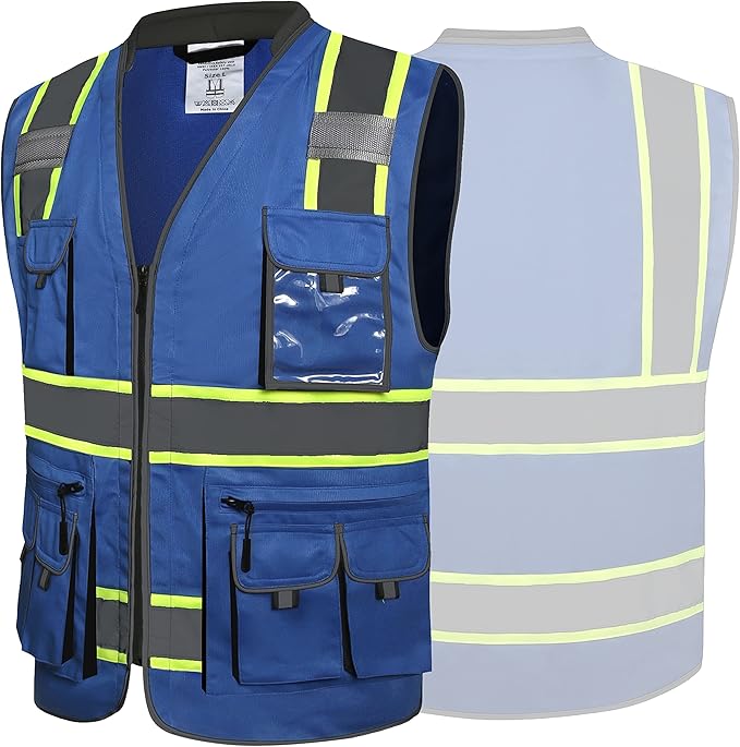 JKSafety 10 Pockets Hi-Vis Zipper Front Fluorescent Blue Safety Vest | Cushioned Collar | High Reflective Tapes with Extended Neon Yellow Strips | Meets ANSI/ISEA Standards (5X-Large, 89-Blue)