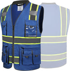 JKSafety 10 Pockets Hi-Vis Zipper Front Fluorescent Blue Safety Vest | Cushioned Collar | High Reflective Tapes with Extended Neon Yellow Strips | Meets ANSI/ISEA Standards (XX-Large, 89-Blue)