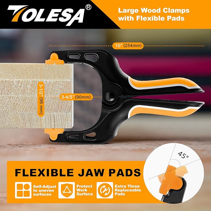 TOLESA 10 Inch Spring Clamps for Woodworking 2PC Large Wood Clamps with 37 Lbs Powerful Clamping Force Reinforced Plastic Nylon Clamps 3.5 Inch Jaw Opening with Heavy Duty Spring for Gluing Crafts
