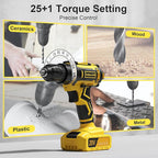 Cordless Drill Set, 20V Power Drill with Power Pack 2.0Ah and Charger, 3/8-Inch Keyless Chuck Electricdrill, 25+1 Torque, 42pcs Drilldriver Bits/Screws for DIY Projects (Yellow)