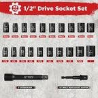 1/2" Drive Impact Socket Rachtet Wrench Set, 23 Piece Metric (13-19, 21, 22, 24mm) and SAE (7/16 to 1 inch) Tool Set with Storage Box for Auto Repairing