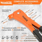 Meiwaltee Rivet Gun with 200PCS Rivets and 4 Drill Bits, Professional Aluminum Alloy Riveter, Heavy Duty Pop Manual Riveting Tool with 4 Interchangeable Heads for Metal, Wood and Plastic