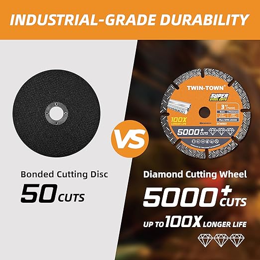 TWIN-TOWN 3" Diamond Cutting Wheel with 3/8" Arbor, Metal Cut Off Wheel, Carbide Cutting Wheel for Angle Grinder, 5000+ Cuts on Rebar, Steel, Iron, and INOX,2 Pack