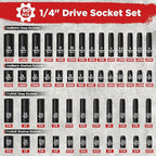 1/4" Drive Impact Socket Set 90 Piece, Metric Socket (4-15mm) and Standard SAE Size (5/32-9/16 inch), with 72-Teeth Ratchet, Screwdriver Bit Set, Mechanics Tool Kit for Home Use and Automotive Repair