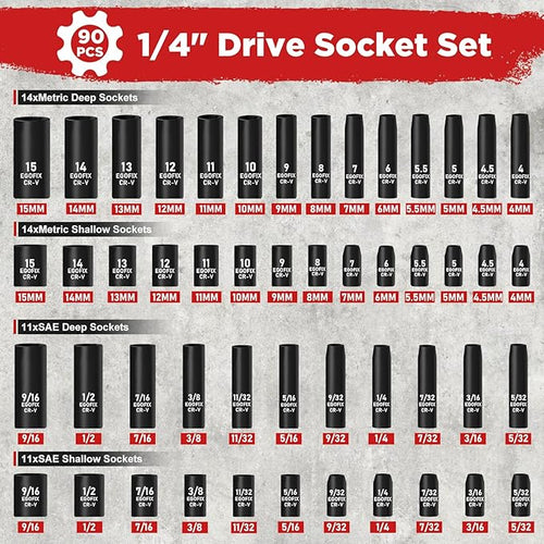 1/4" Drive Impact Socket Set 90 Piece, Metric Socket (4-15mm) and Standard SAE Size (5/32-9/16 inch), with 72-Teeth Ratchet, Screwdriver Bit Set, Mechanics Tool Kit for Home Use and Automotive Repair