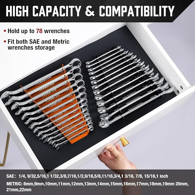 ALOANES 78-Slot Metal Wrench Organizer, Heavy Duty Wrench Organizer Tray for Tool Box, Fit SAE & Metric Wrench Storage, 6 Pack Wrench Holders(Orange)