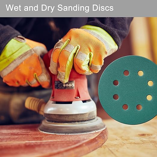 5 Inch 8 Hole Sanding Discs, 50 Pcs Wer Dry Sandpaper 80 Grit Hook and Loop Green Polyester Film Backed Sanding Disc for Random Orbital Sander Wood Car Metal Plastic (80 Grit, 50 Pack)