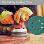 5 Inch 8 Hole Sanding Discs, 50 Pcs Wer Dry Sandpaper 240 Grit Hook and Loop Green Polyester Film Backed Sanding Disc for Random Orbital Sander Wood Car Metal Plastic (240 Grit, 50 Pack)