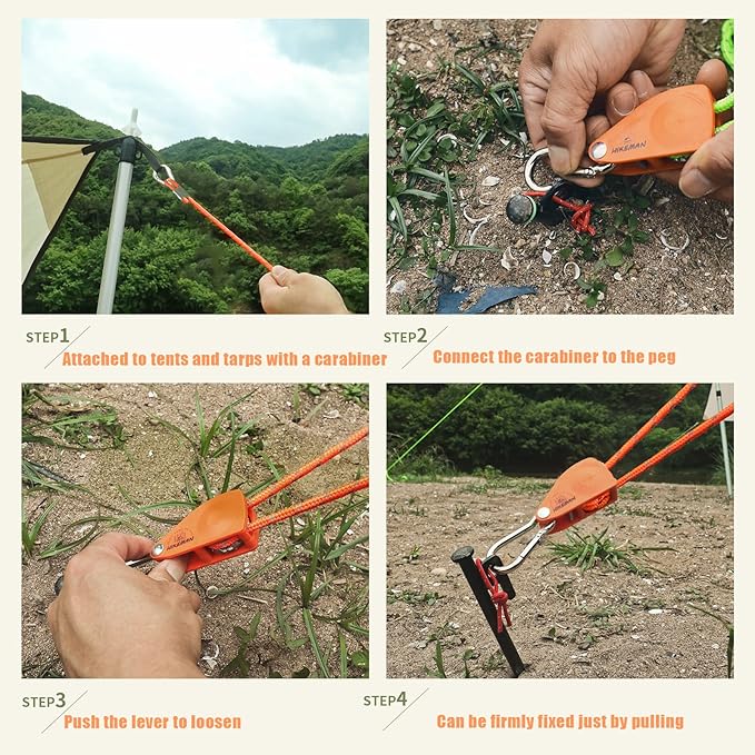 Hikeman Camping Rope with Ratchet Pulley,Quick Setup Outdoor Guy Lines Adjustable Tent Tie Downs Rope Hanger for Canopy,Kayak and Canoe,Grow Light (4PCS,Black)