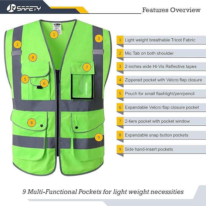 JKSafety 9 Pockets Class 2 High Visibility Zipper Front Safety Vest With Reflective Strips, Meets ANSI/ISEA Standards (150-Green, 3X-Large)