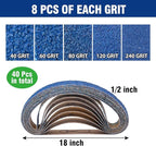 40 PCS 1/2" x 18" Zirconia Sanding Belts,8 Each of 40/60/80/120/240 Grits Belt Sander Paper,1/2 x 18 Inch Sanding Belts for Air Belt Sander, Woodworking, Metal Polishing, Derusting