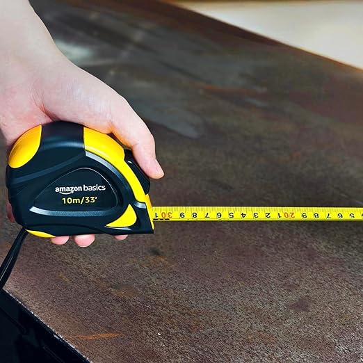 Amazon Basics Self-Locking Tape Measure, 33 feet (10 m), Inch/Metric Scale, MID Accuracy, Black, Yellow