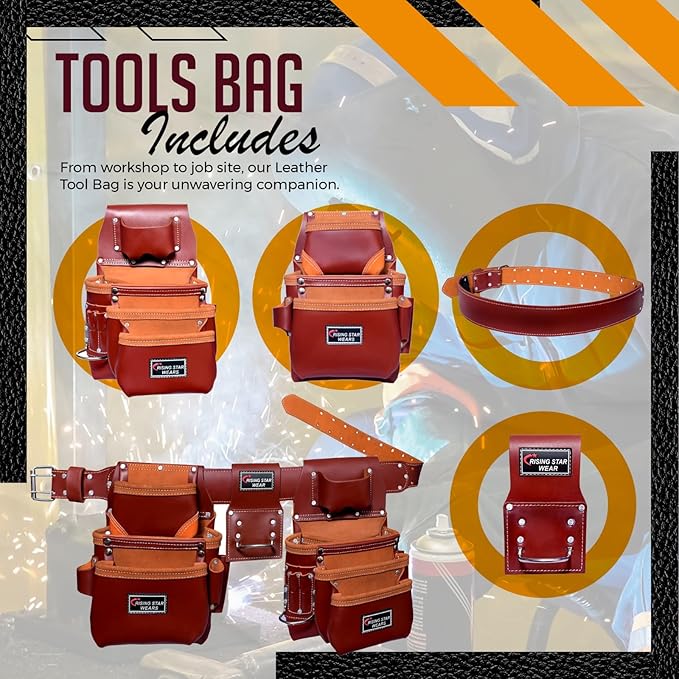 RISING STAR WEARS PURE OIL TANNED LEATHER TOOL BELT POUCH PERFECT FOR CARPENTERS, PLUMBERS, ELECTRICIANS, GARDENERS AND CONSTRUCTION WORKERS MULTIPURPOSE 18 POCKETS POUCH WITH FRAMING TOOL BAGS