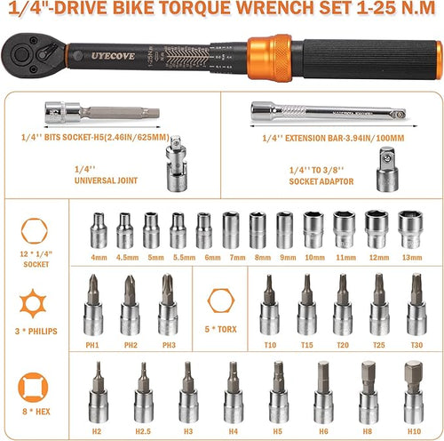 1/4-Inch Drive Click Torque Wrench Set, 33Pcs Bike Torque Wrench (1-25 N.M/10-222.5IN.LB), Bike Torque Wrench Set with Extension Bar for Bicycle Maintenance