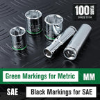 SK 3/8" Drive Socket Set, Deep SAE Sockets, 13-Piece 1/4" to 1", SuperKrome Finish, Premium CR-V Construction, with Aluminum Socket Organizer