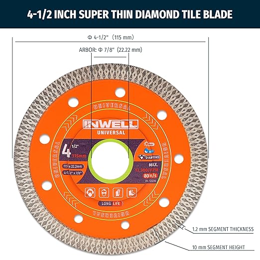 4.5 Inch Diamond Saw Blade, 2 Pack - Mesh Turbo Cutting Wheel for Tile, Porcelain, Ceramic, Granite, Marble - 10mm Segment, Super Thin 1.2mm, 7/8" Arbor with Flange - Dry or Wet Cutting