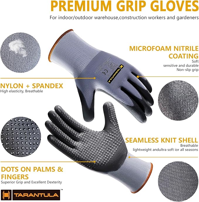 Tarantula Safety Work Gloves MicroFoam Nitrile Coated 3 Pairs,Endurance Seamless Knit Nylon,Dots on Palm,Dot Grip Gloves,Small