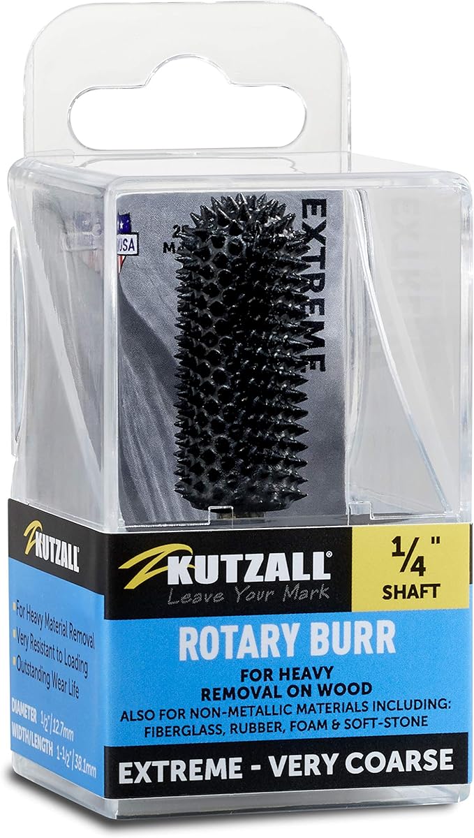 Kutzall Extreme Ball Nose Burr, 1⁄4" Shaft, Very Coarse - Wood Carving Bit for Bosch, DeWalt, Milwaukee. Abrasive Tungsten Carbide, 3⁄8" (9.5mm) Dia. X 1-1⁄2" (38.1mm) Length BNX-12X112C