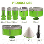 Diamond Core Drill Bits Set - 8pcs (20/25/35/50/75/100mm) + 2" Tile Chamfer Bit + SDS Adapter for Porcelain Ceramic Tile Granite Marble