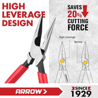 ARROW 6" High Leverage Needle Nose Pliers with Side Cutters, Long Nose Pliers for Gripping, Wire Bending, Cutting