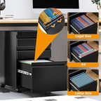 STANI 3 Drawer Mobile File Cabinet with Lock Under Desk Metal Filing Cabinet Locking Office Mobile Cabinet with Wheels Under Desk Office Drawers Rolling Mobile File Cabinet Assembly Required Black