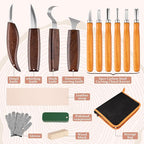 Wood Carving Tools Kit for Beginners, 4 Knives, 6 Chisels, Leather Strop, Wax, Sandpaper, Basswood & Safety Gloves - Complete Starter Set with Storage Bag, Whittling Tool Kit for DIY Woodworking