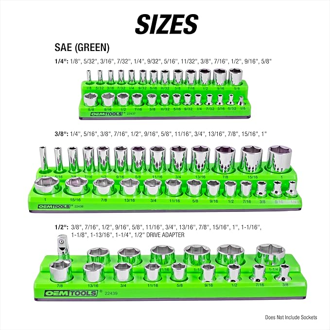 OEMTOOLS 22461 6 Pack Set Metric and SAE Magnetic Socket Tray Set, Green and Blue Socket Organizers, 1/4, 3/8, 1/2 Inch Drive Socket Organizer Tray Set